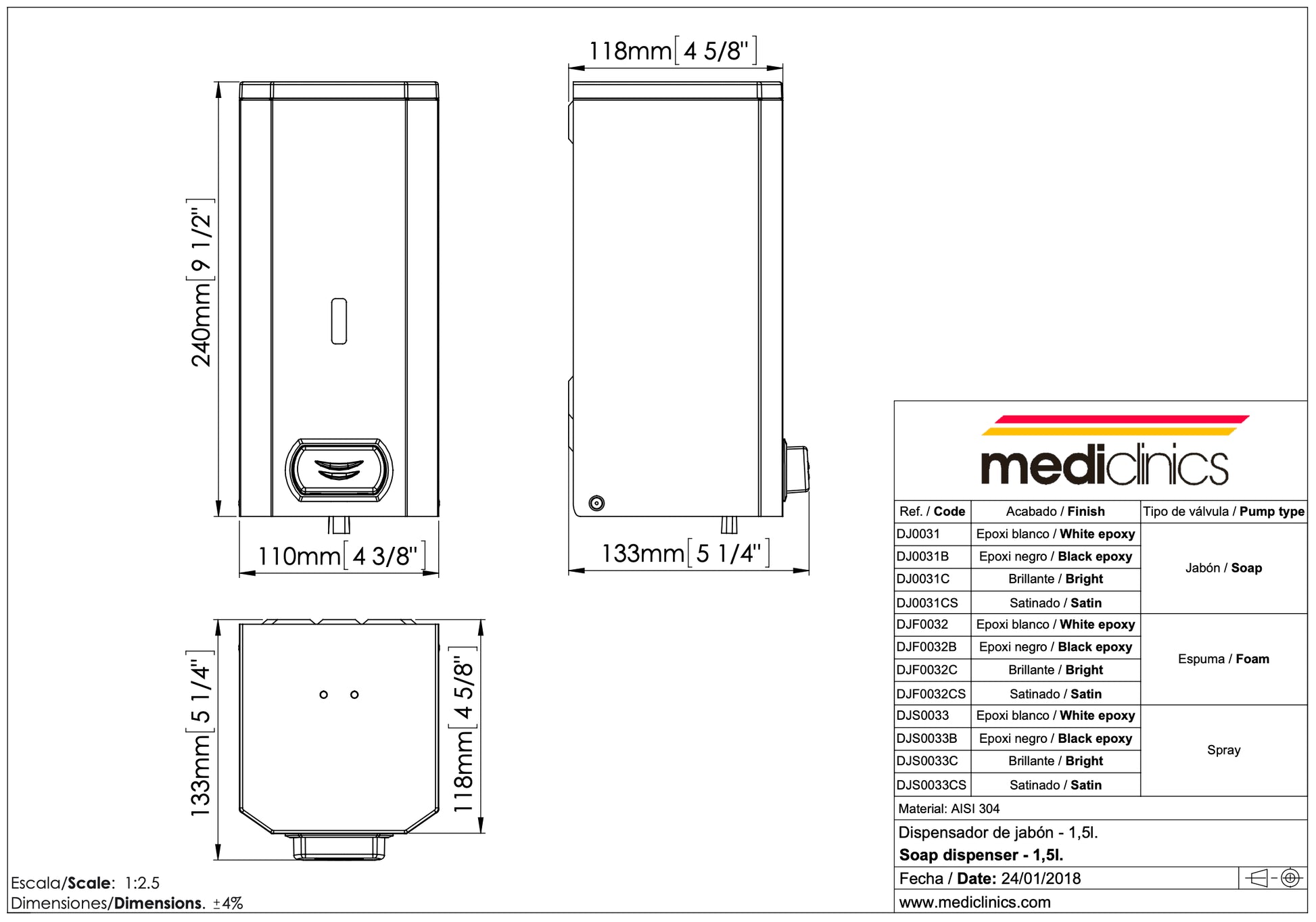 MEDICLINICS DJ0031 surface push - button liquid soap dispenser - white, 1.5L - MEDICLINICS - Evelostore