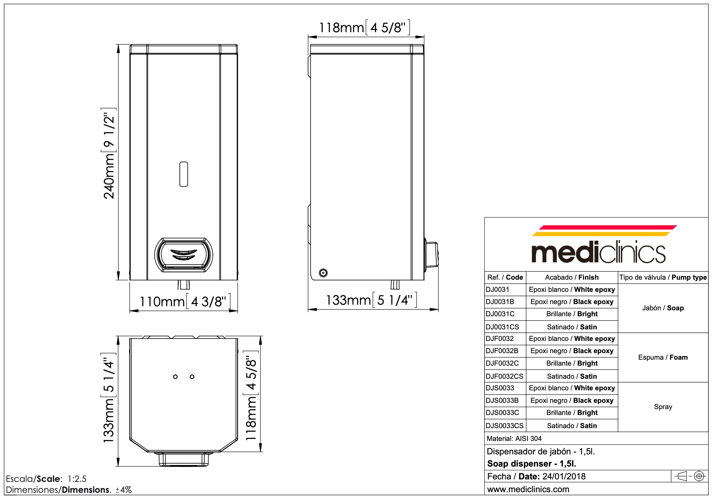 MEDICLINICS DJ0031 surface push - button liquid soap dispenser - white, 1.5L - MEDICLINICS - Evelostore