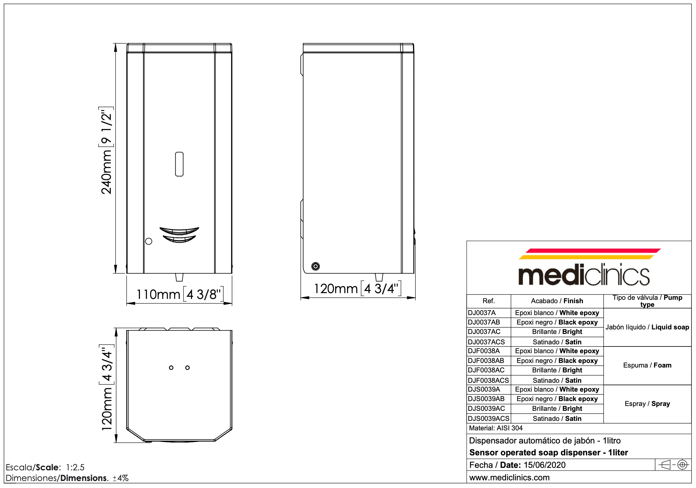 MEDICLINICS DJ0037A surface automatic liquid soap dispenser - white, 1L - MEDICLINICS - Evelostore