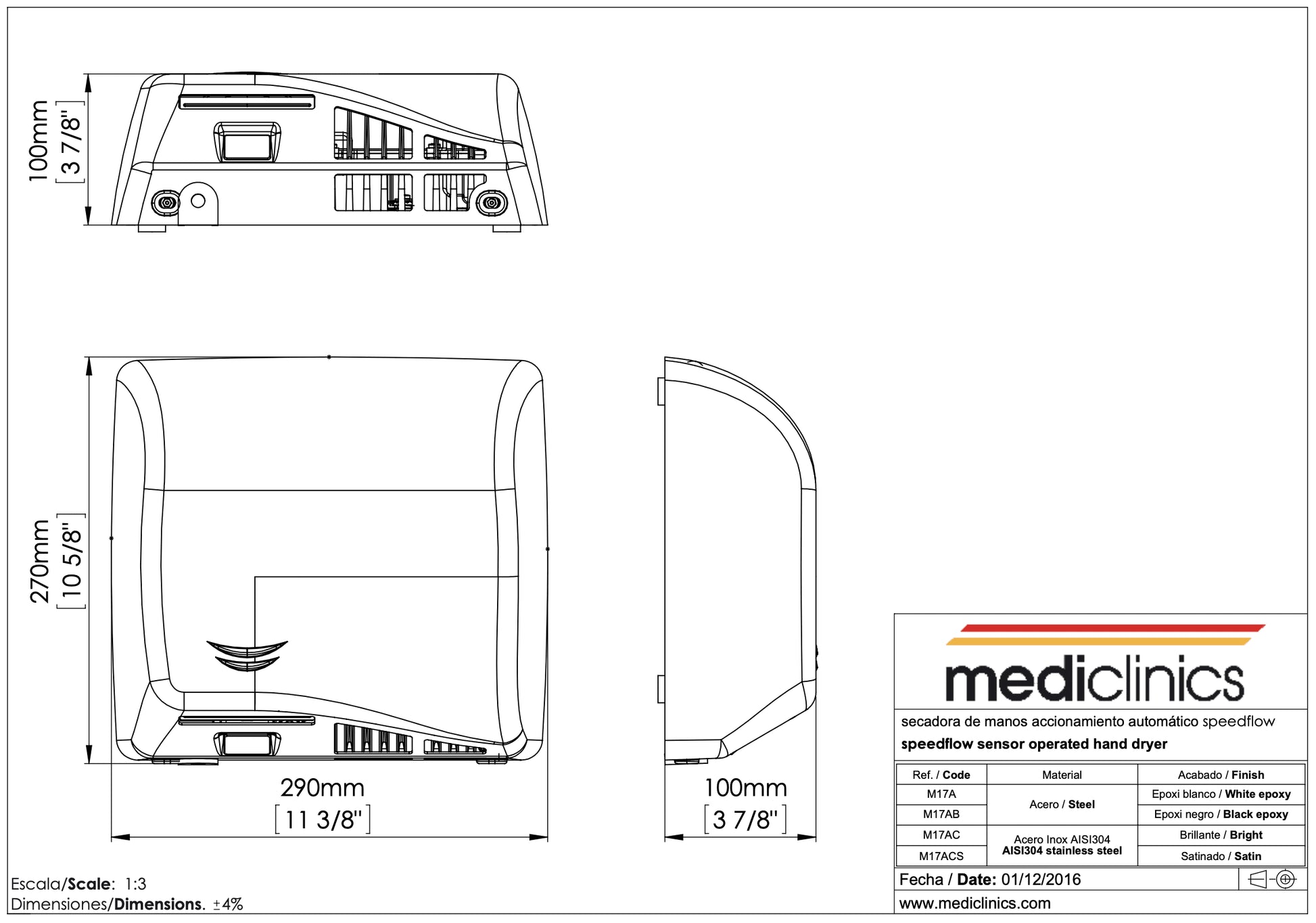 MEDICLINICS SPEEDFLOW PLUS M17ACS hand dryer - satin finish - MEDICLINICS - Evelostore