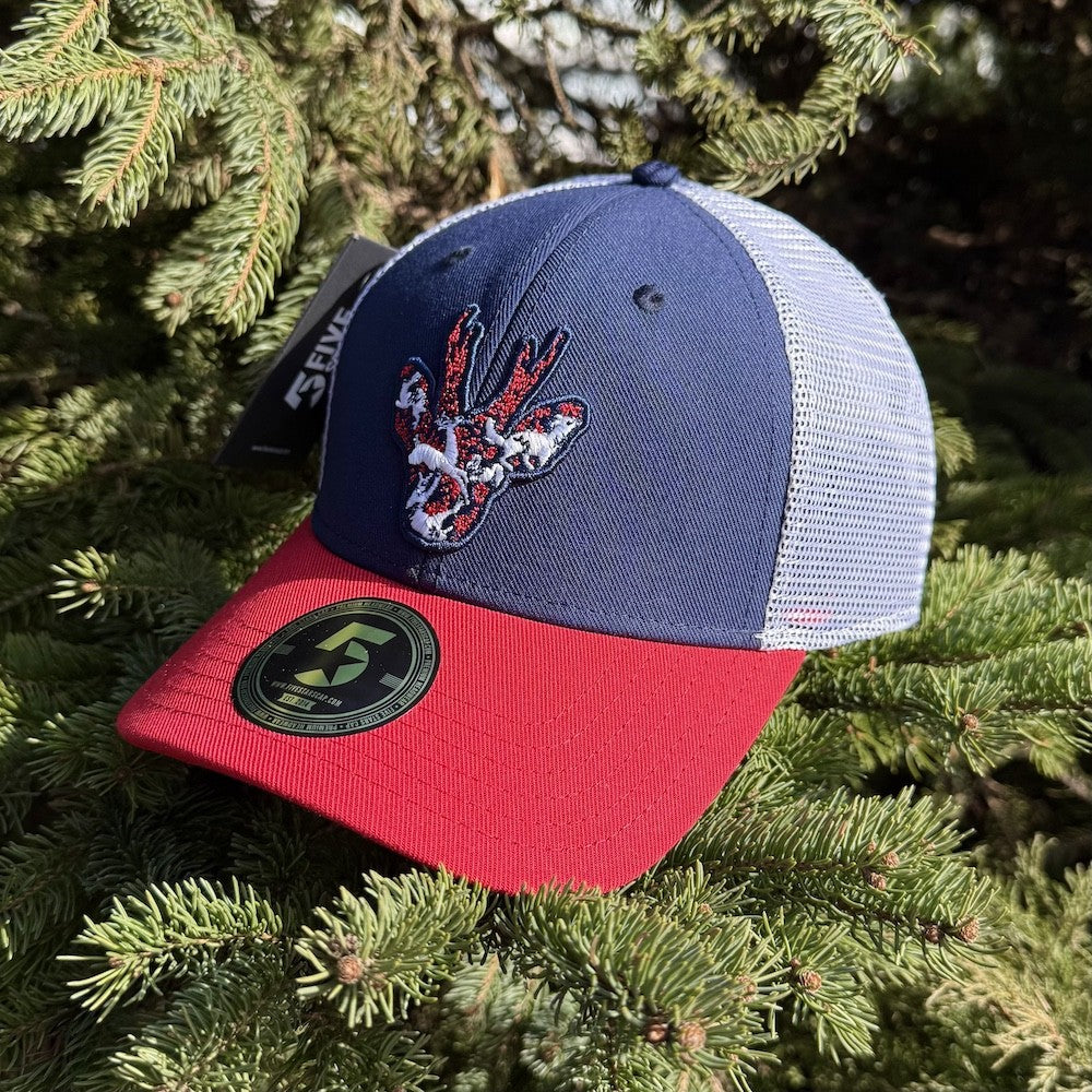 STIRNU BUKS cepure ar saliektu nagu FIVE zila/sarkana