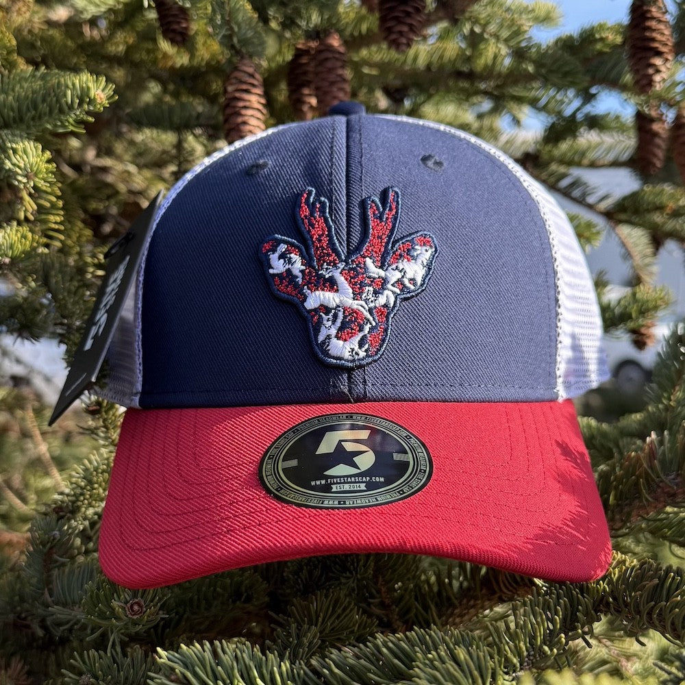 STIRNU BUKS cepure ar saliektu nagu FIVE zila/sarkana