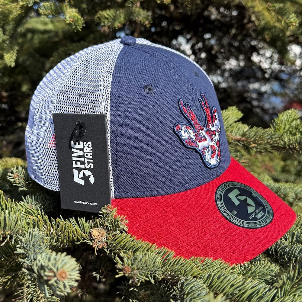 STIRNU BUKS cepure ar saliektu nagu FIVE zila/sarkana