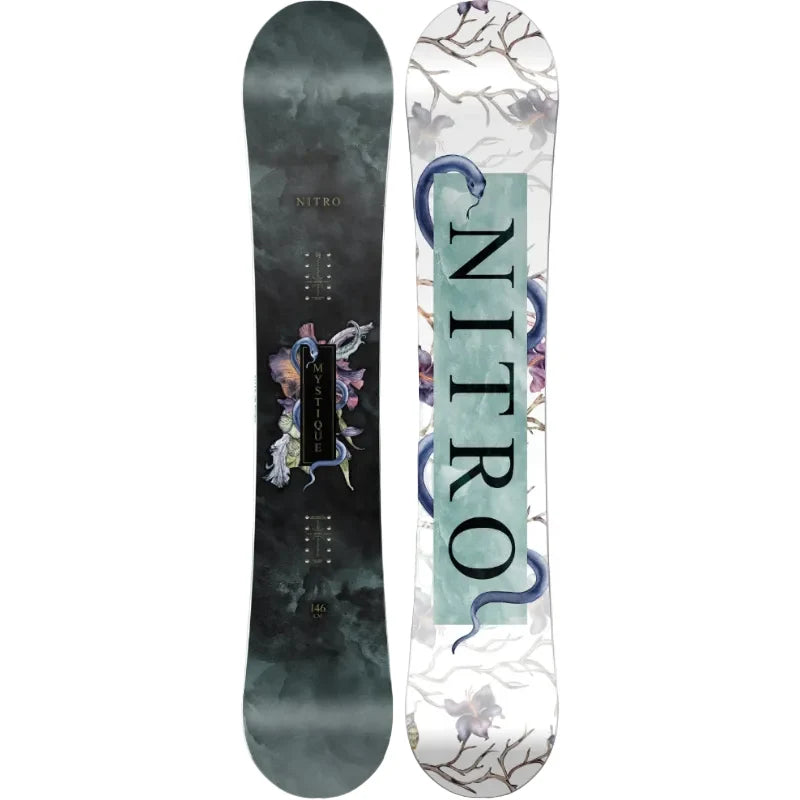 NITRO MYSTIQUE women's all-mountain snowboard featuring Directional Twin shape, Gullwing Rocker profile and distinctive Nitro Mystique graphics