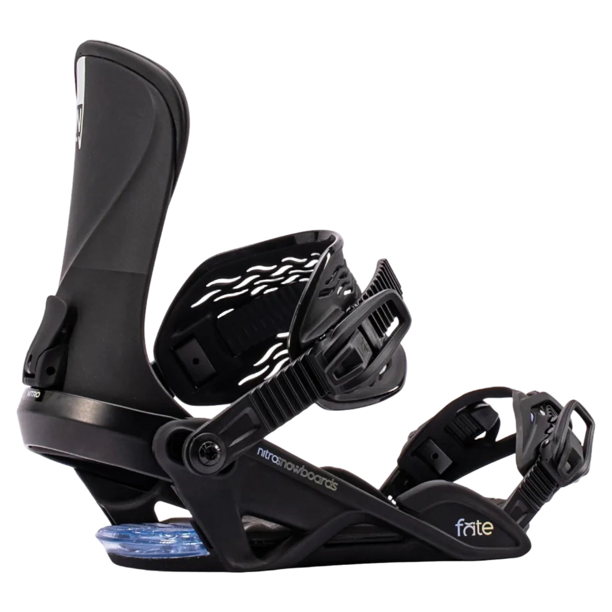 Black snowboard bindings with 'fate' branding on a white background