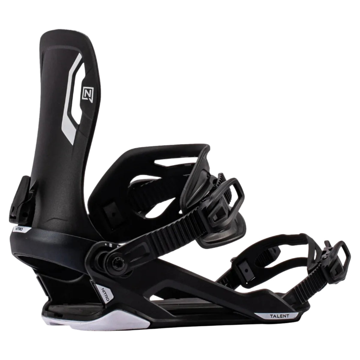 Black snowboard binding with 'N' logo on a white background