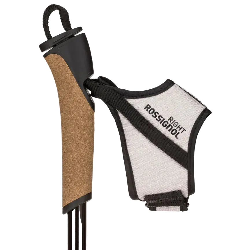 Hiking pole with cork handle and black and white strap featuring 'Rossignol' branding on a white background.