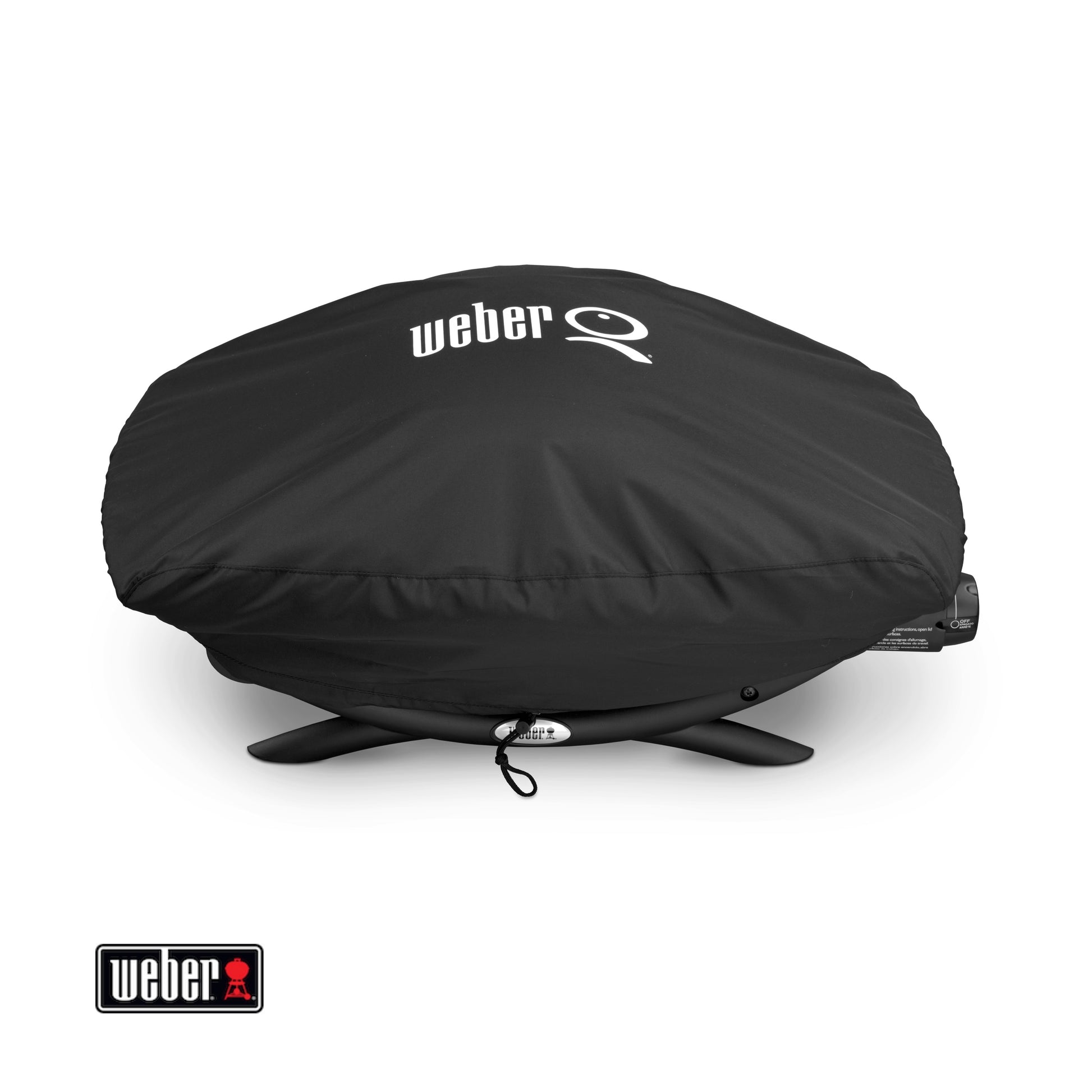 Black Weber grill cover on a white background