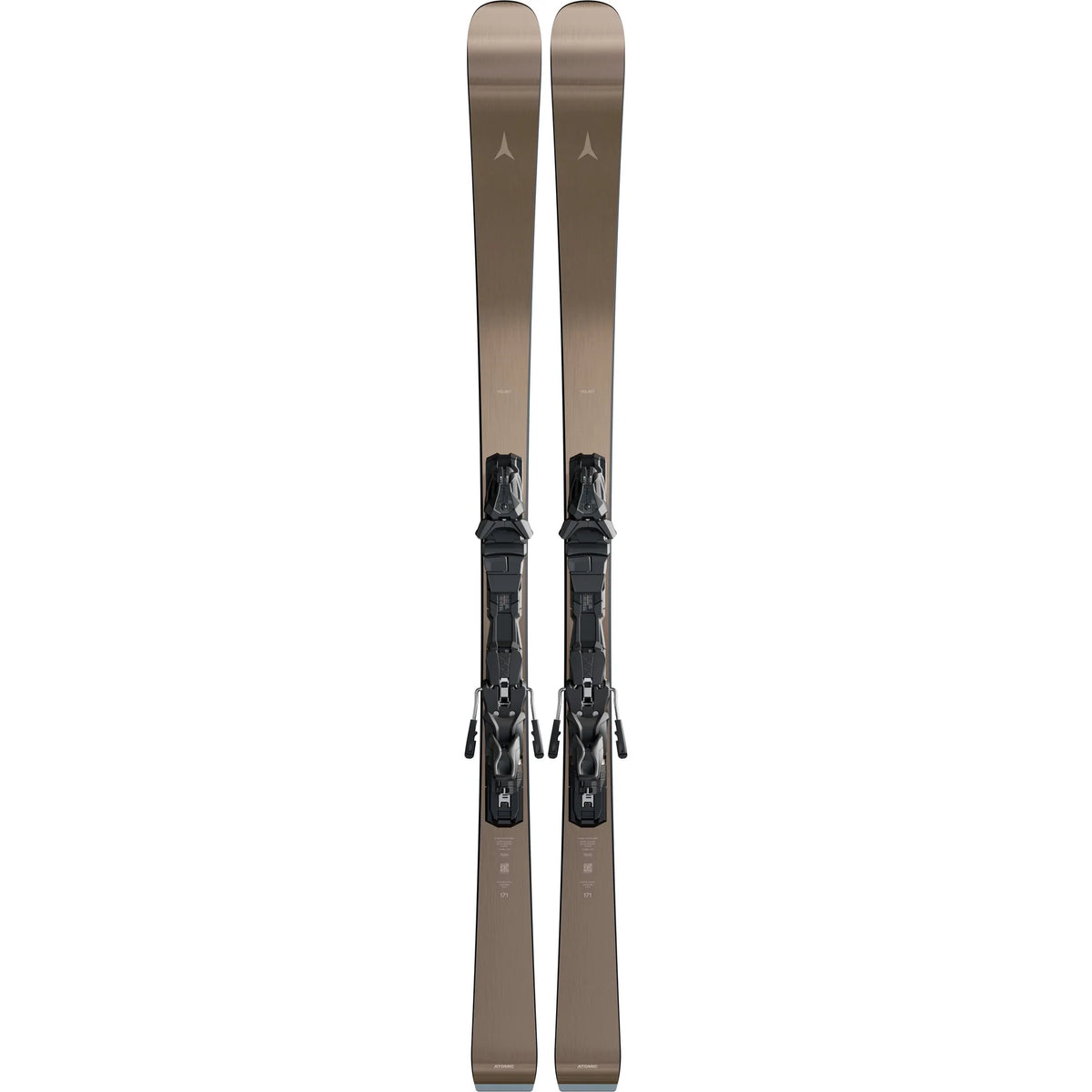 A pair of ski boots mounted on skis, shown vertically against a solid white background. The boots are dark gray/black with metallic silver buckles, and the skis are a warm taupe-brown color with a small white logo near the top.