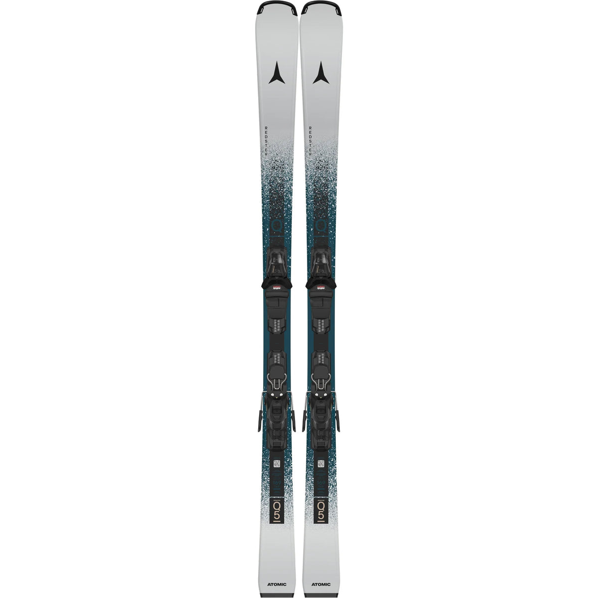 A pair of Atomic Skiable Atomic X2 ski boots with white and blue patterned skis, shown vertically against a plain white background.