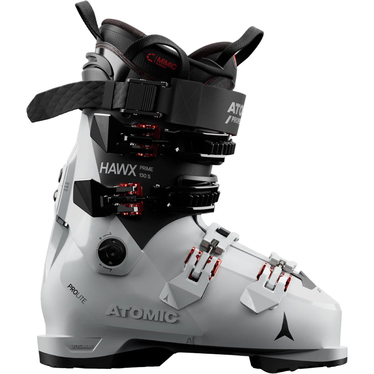 A single ski boot from Atomic Pro Lite in a light gray and black colorway, featuring red accents on the buckles and internal components, shown against a solid white background.