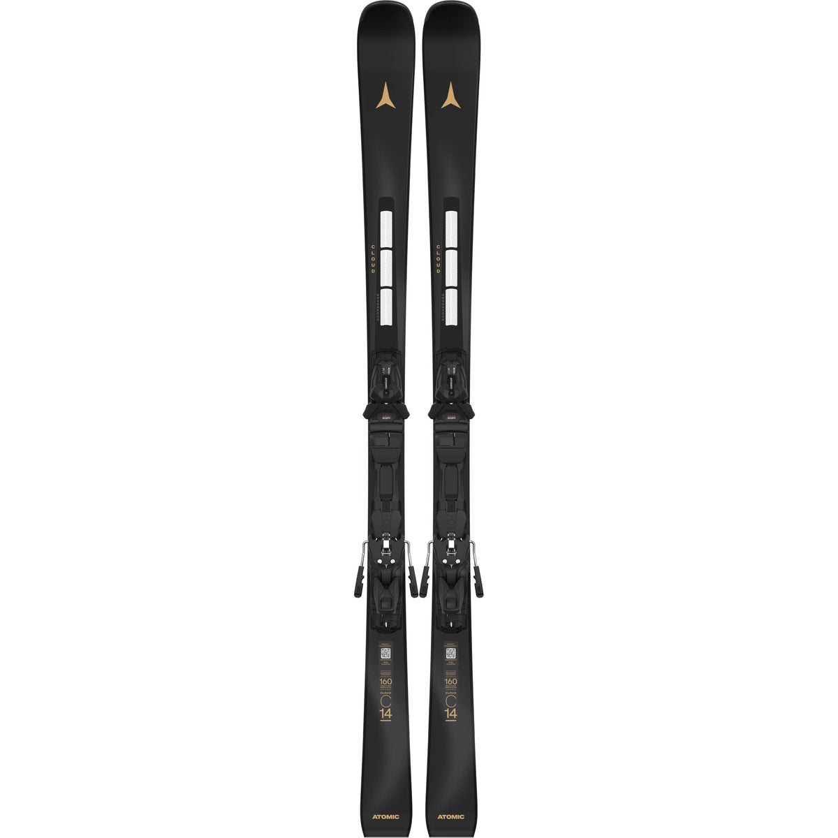 A pair of black Salomon ski boots with gold logo accents and white markings, shown vertically against a solid white background.