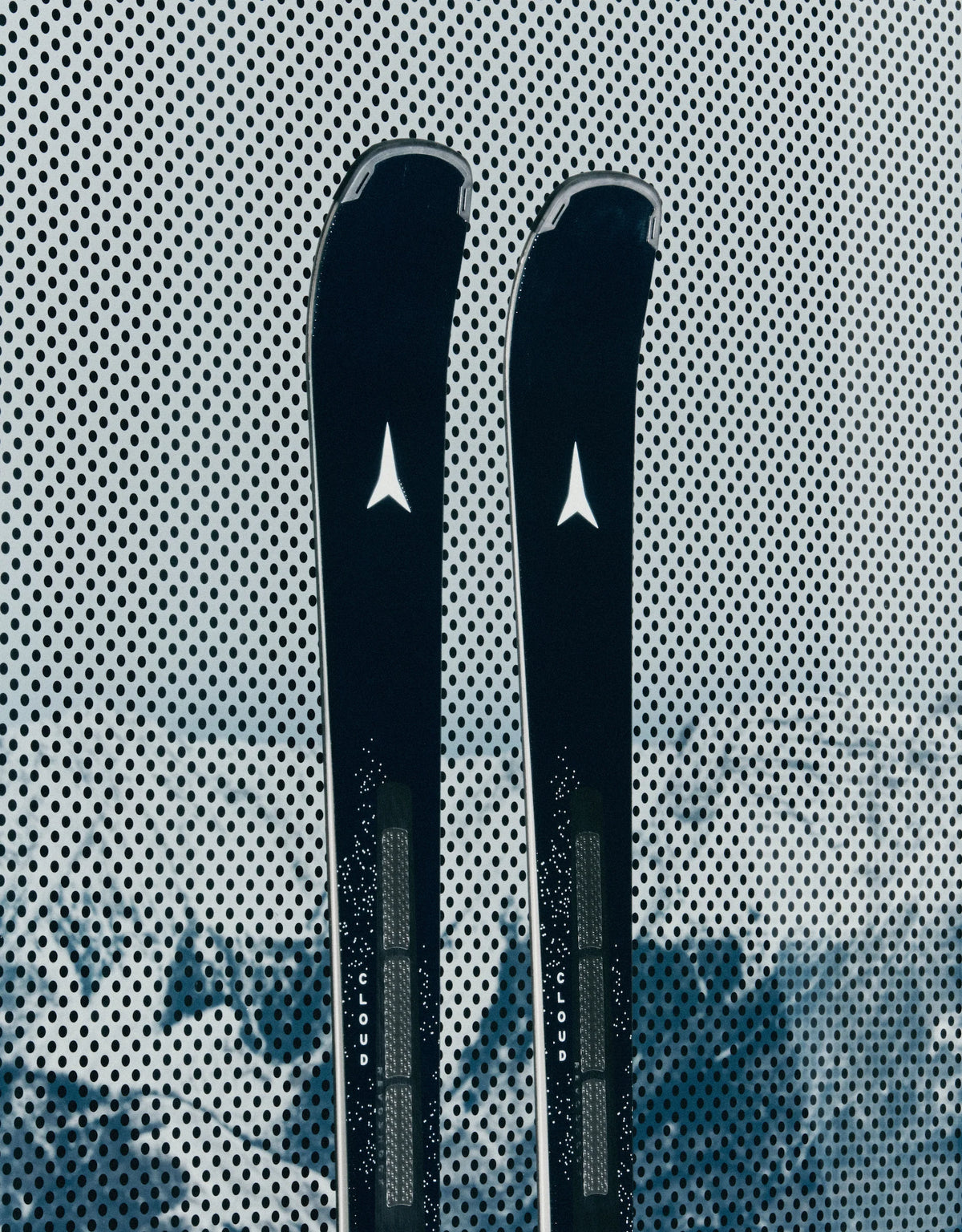 Two black ski tips standing upright against a perforated metal background with a blurred blue-toned outdoor scene behind it. A white stylized arrow logo is visible on each ski tip.