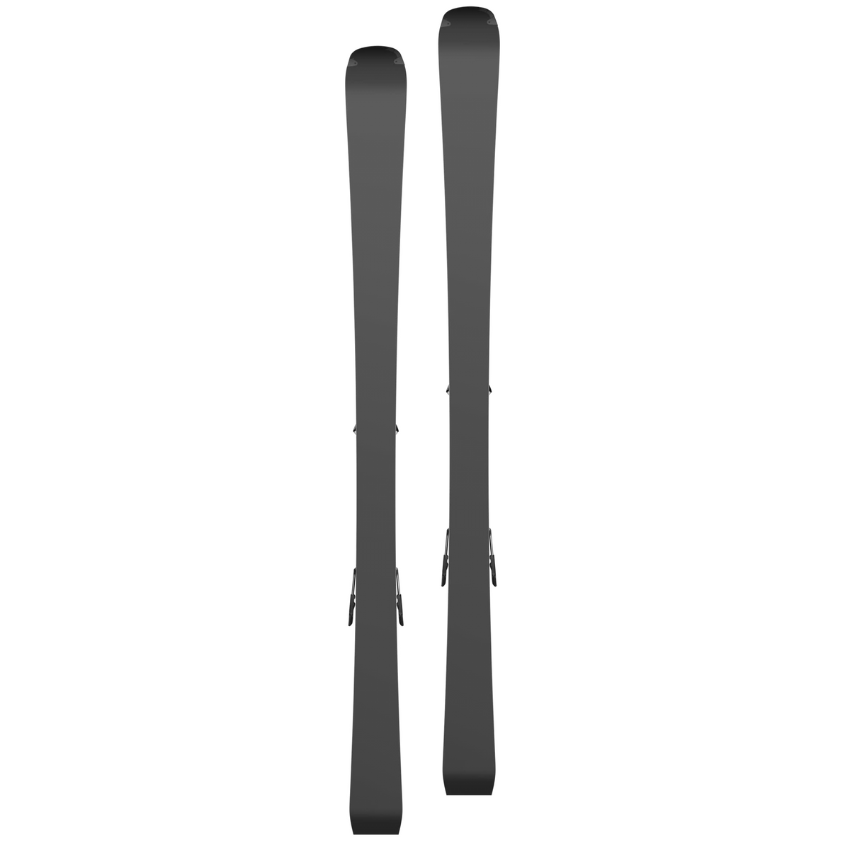 A pair of dark gray skis shown vertically side by side against a solid white background.