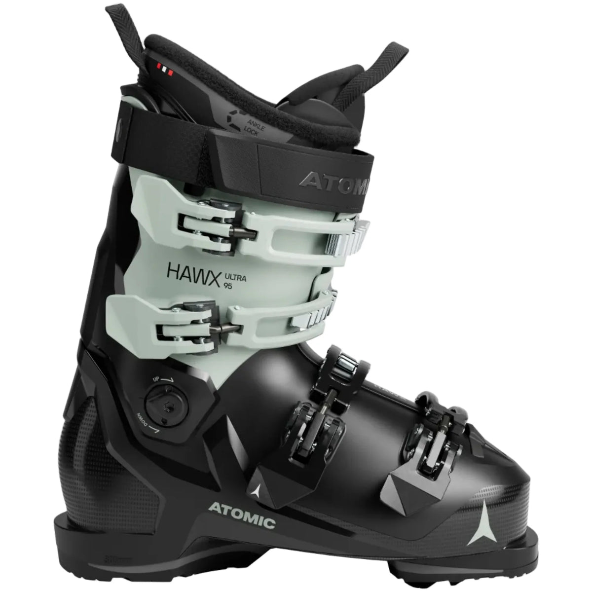 Black and gray Atomic ski boot on a white background
