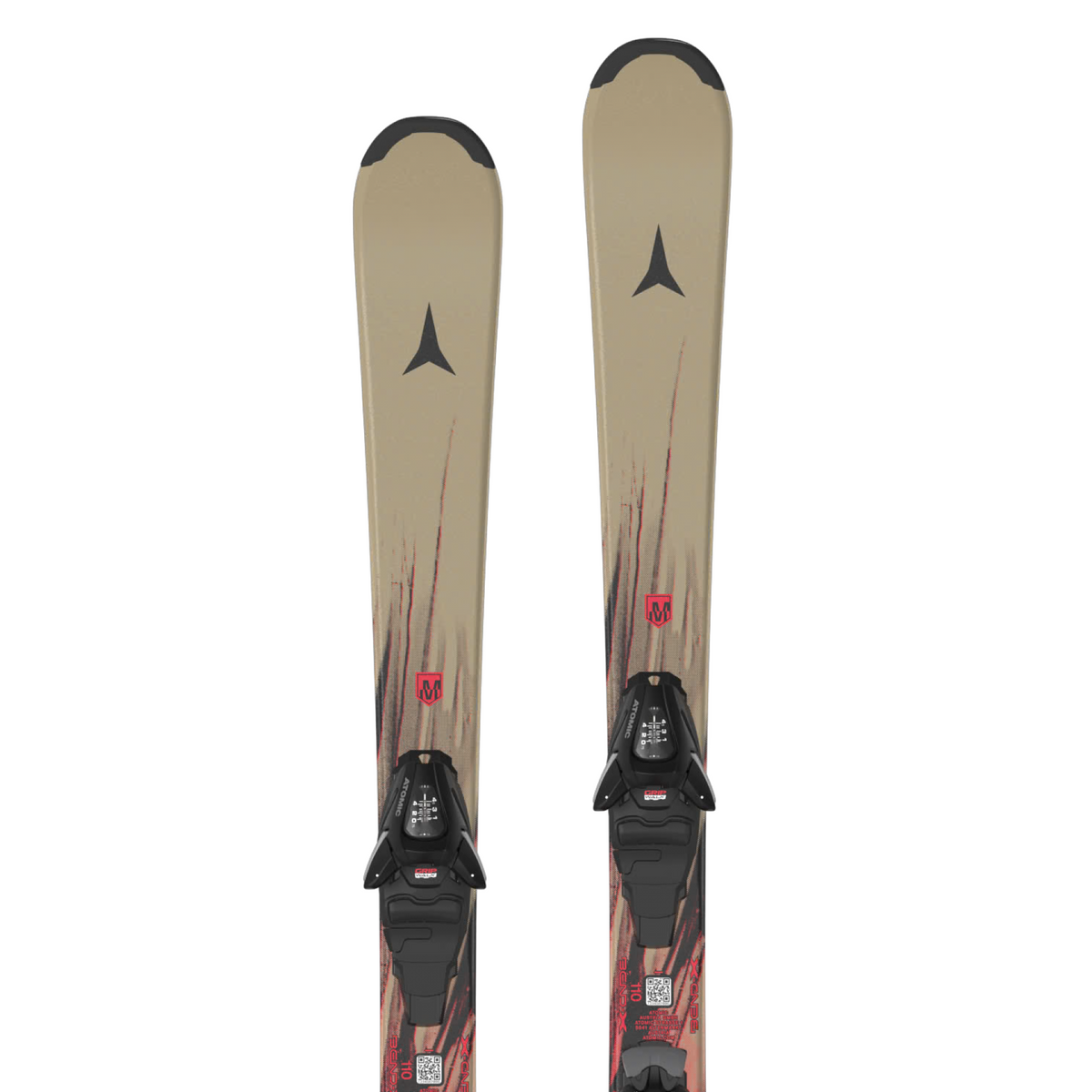 A pair of ski boots mounted on skis, shown from a top-down view against a solid white background. The skis feature a tan and red abstract pattern, and the boots are black with silver buckles.