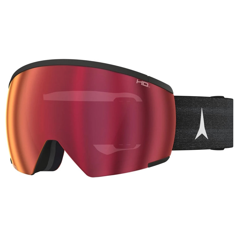 Ski goggles with a large red-to-orange mirrored lens, black frame, and a black textured strap featuring a white logo.
