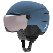 Blue Atomic ski helmet with visor on a white background