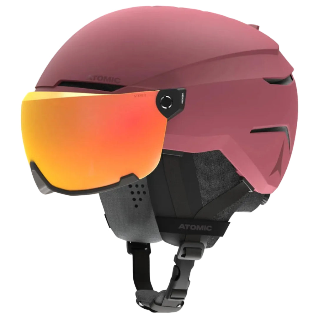 A matte dark pink ski helmet with a large orange-to-yellow mirrored ski goggles, shown on a solid white background.