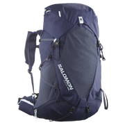 A Salomon hiking backpack in navy blue and dark gray, shown from a three-quarter angle against a plain white background.