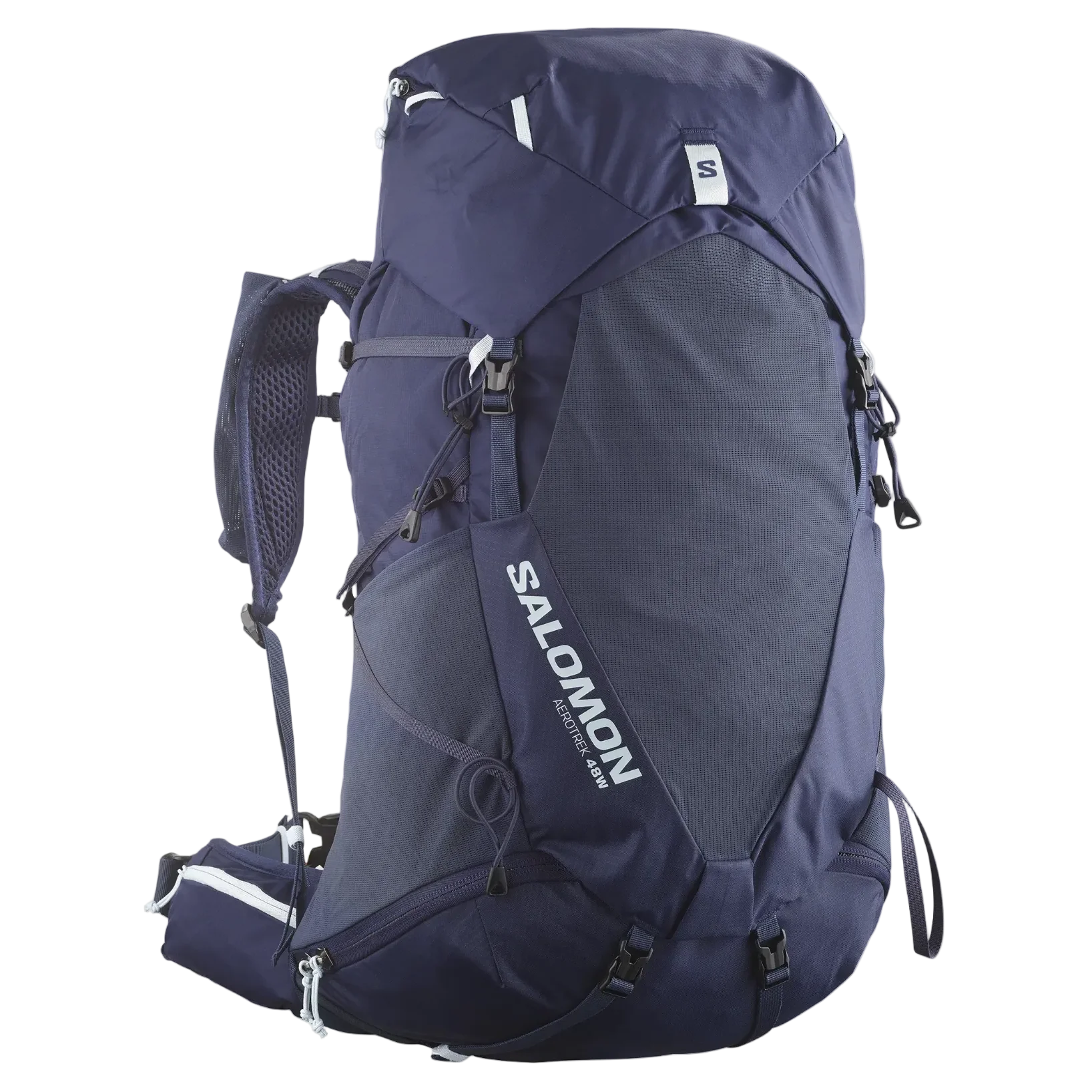 A Salomon hiking backpack in navy blue and dark gray, shown from a three-quarter angle against a plain white background.