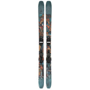 A pair of skis with a colorful graffiti-style graphic print in teal, orange, and brown, fitted with black bindings, shown against a plain white background.