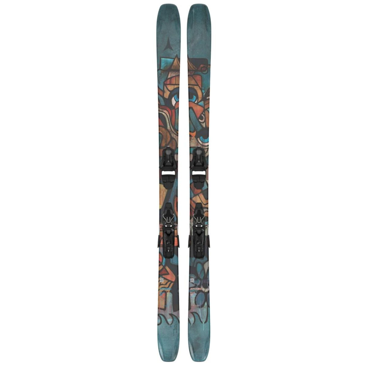 A pair of skis with a colorful graffiti-style graphic print in teal, orange, and brown, fitted with black bindings, shown against a plain white background.