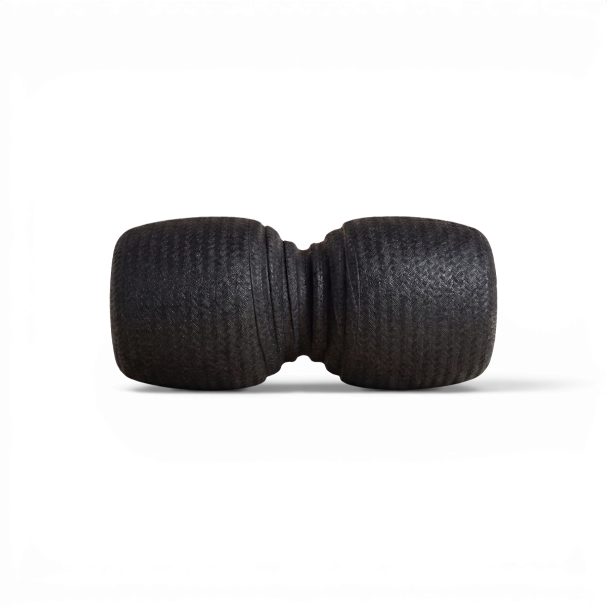 A black textured cylindrical massage roller with a ribbed center, shown horizontally on a clean white background.