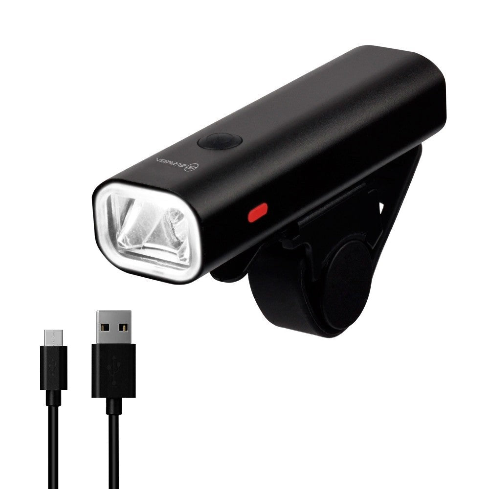 A black BRVIGA bicycle headlight with a USB charging cable shown below it on a plain white background. The headlight has a clear front lens, a small red indicator light, and the brand logo 'BRVIGA' is visible in the top left corner.