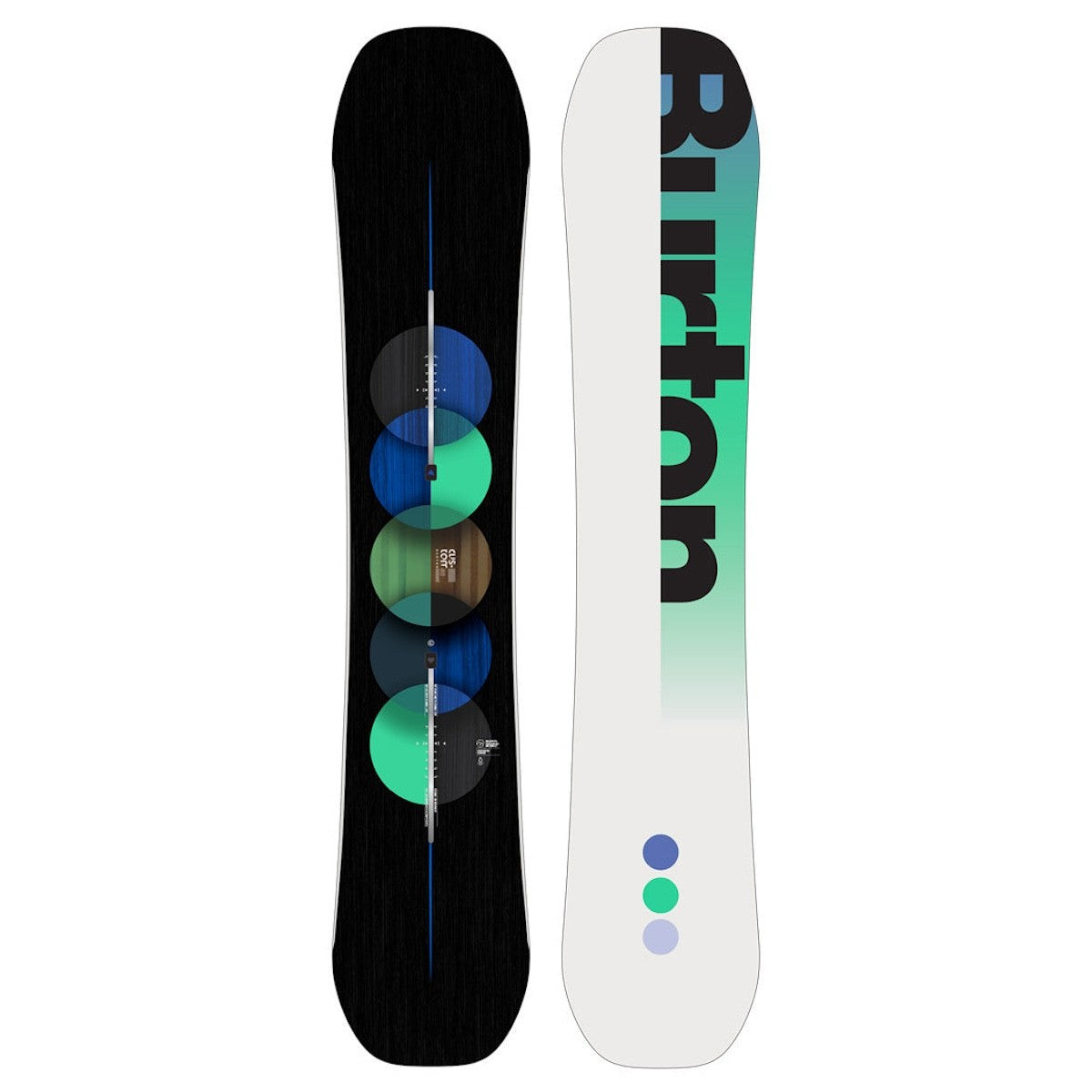 Two views of a Burton snowboard with a black and white design on a white background