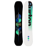 Two views of a Burton snowboard with a black and white design on a white background