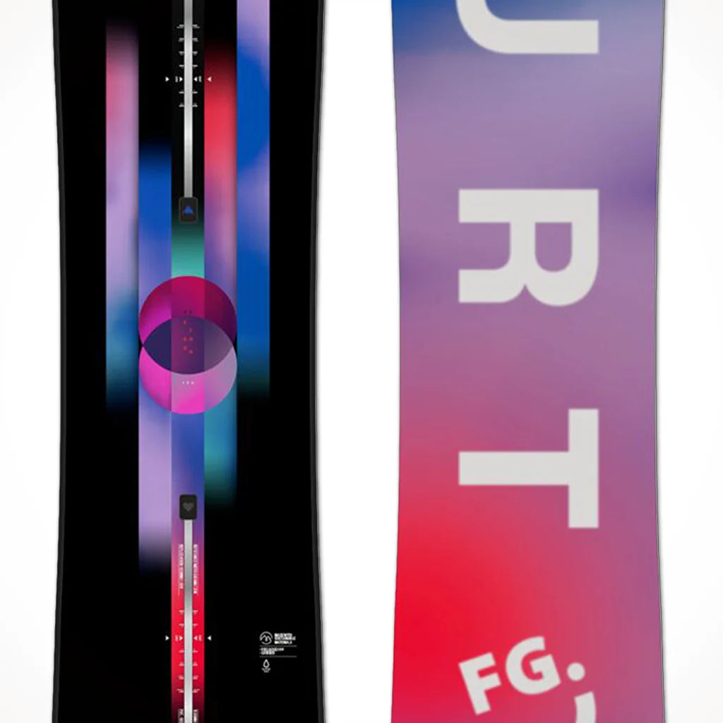 Front and back views of a Burton snowboard, featuring a black base with colorful vertical graphics and temperature scales, and a purple-to-red gradient backside with large white Burton branding.