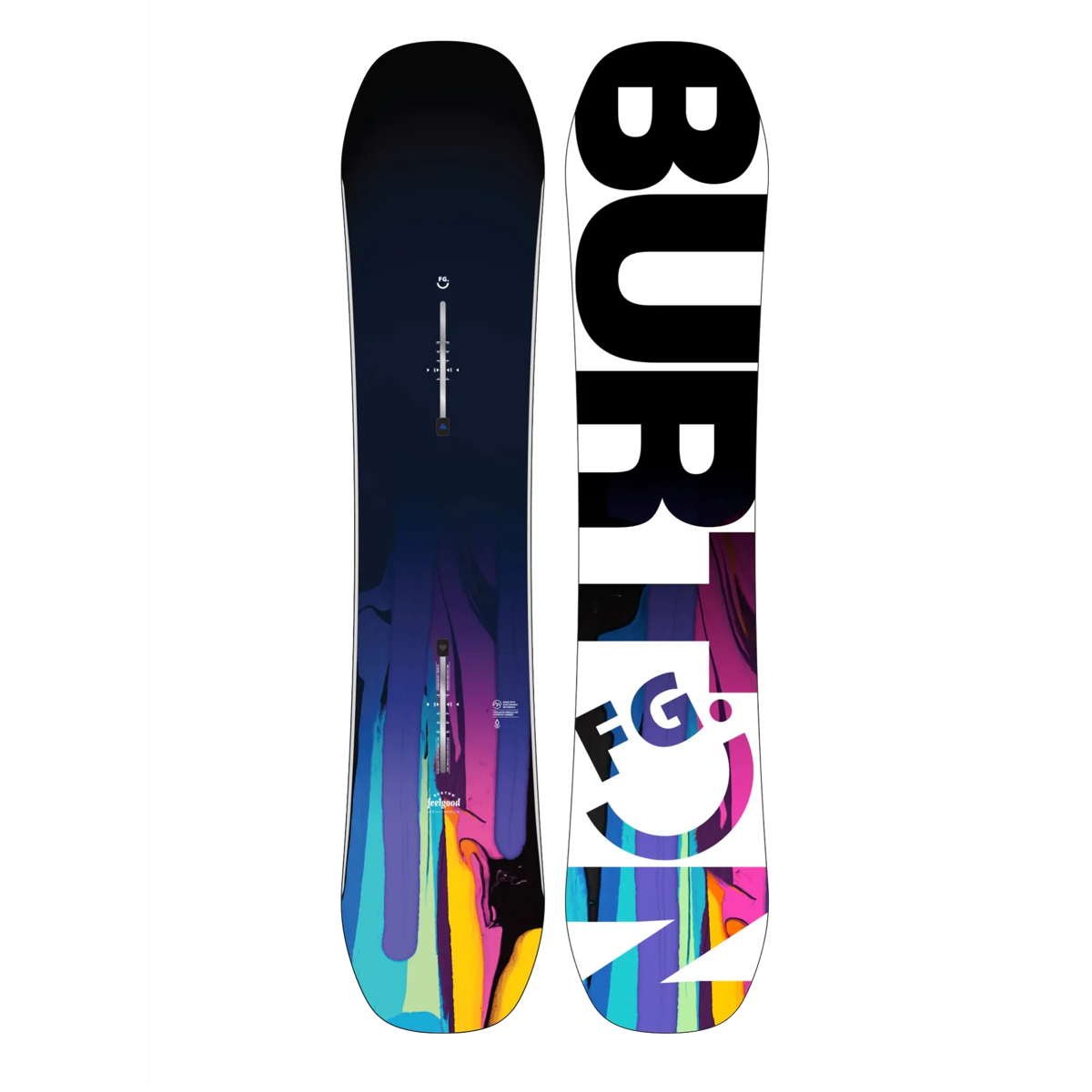 Front and back views of a Burton snowboard on a plain white background. The top sheet features a black-to-blue gradient with purple, pink, and yellow abstract streaks, while the base is white with large black BURTON lettering and colorful graphic accents.