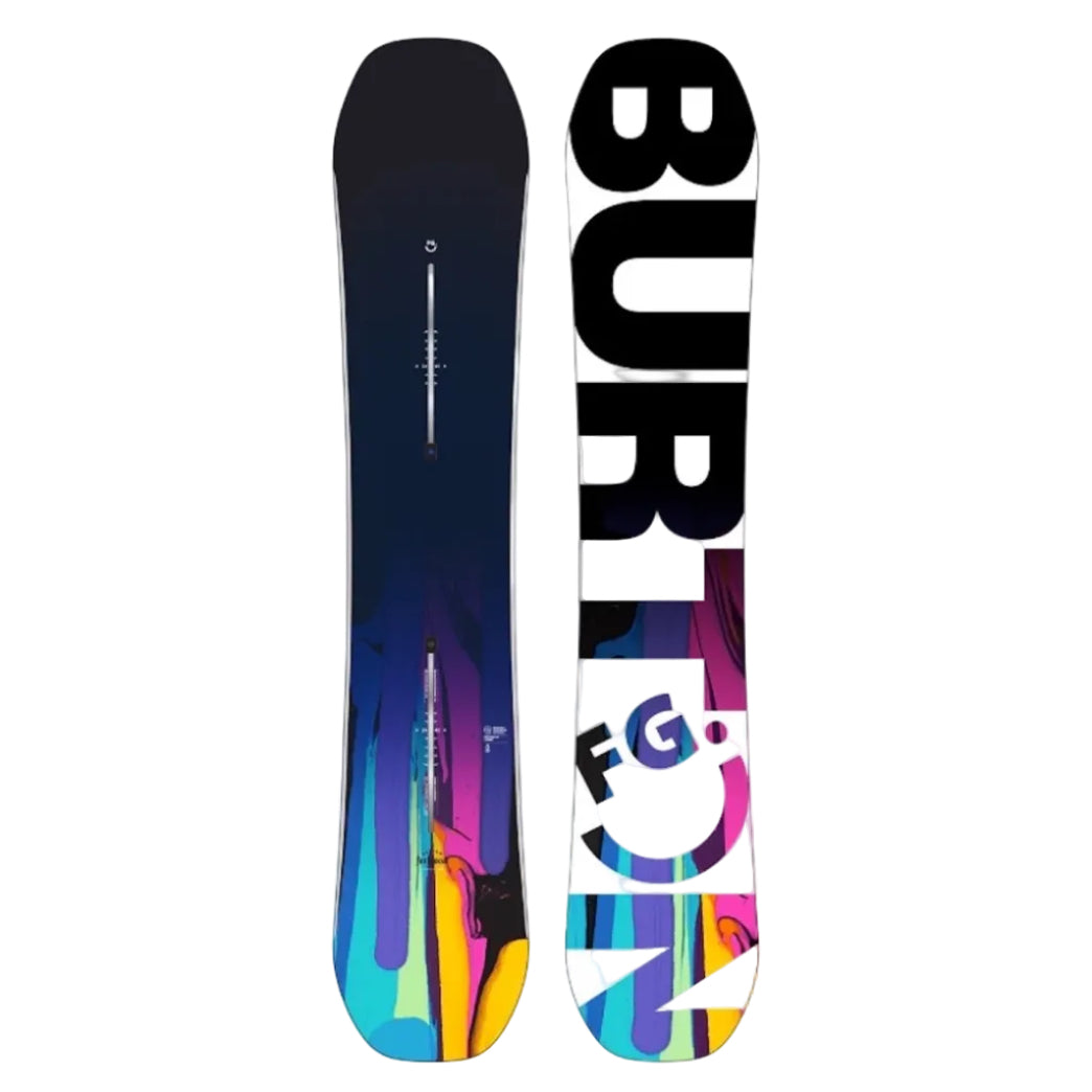 Colorful Burton snowboard with brand logo on a white background