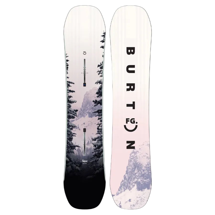Front and back views of a Burton snowboard on a plain white background. The top sheet features a black-to-white gradient with a pine tree and mountain graphic, while the bottom sheet displays the Burton logo in black over a pale pink and white mountain design.