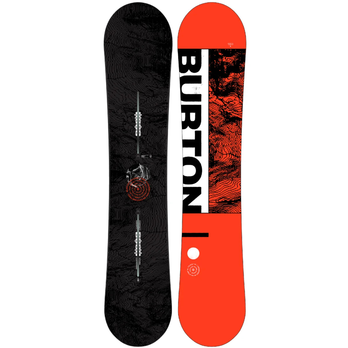 Front and back views of a Burton snowboard on a plain white background. The back view is black with white bindings and a small red circular graphic.