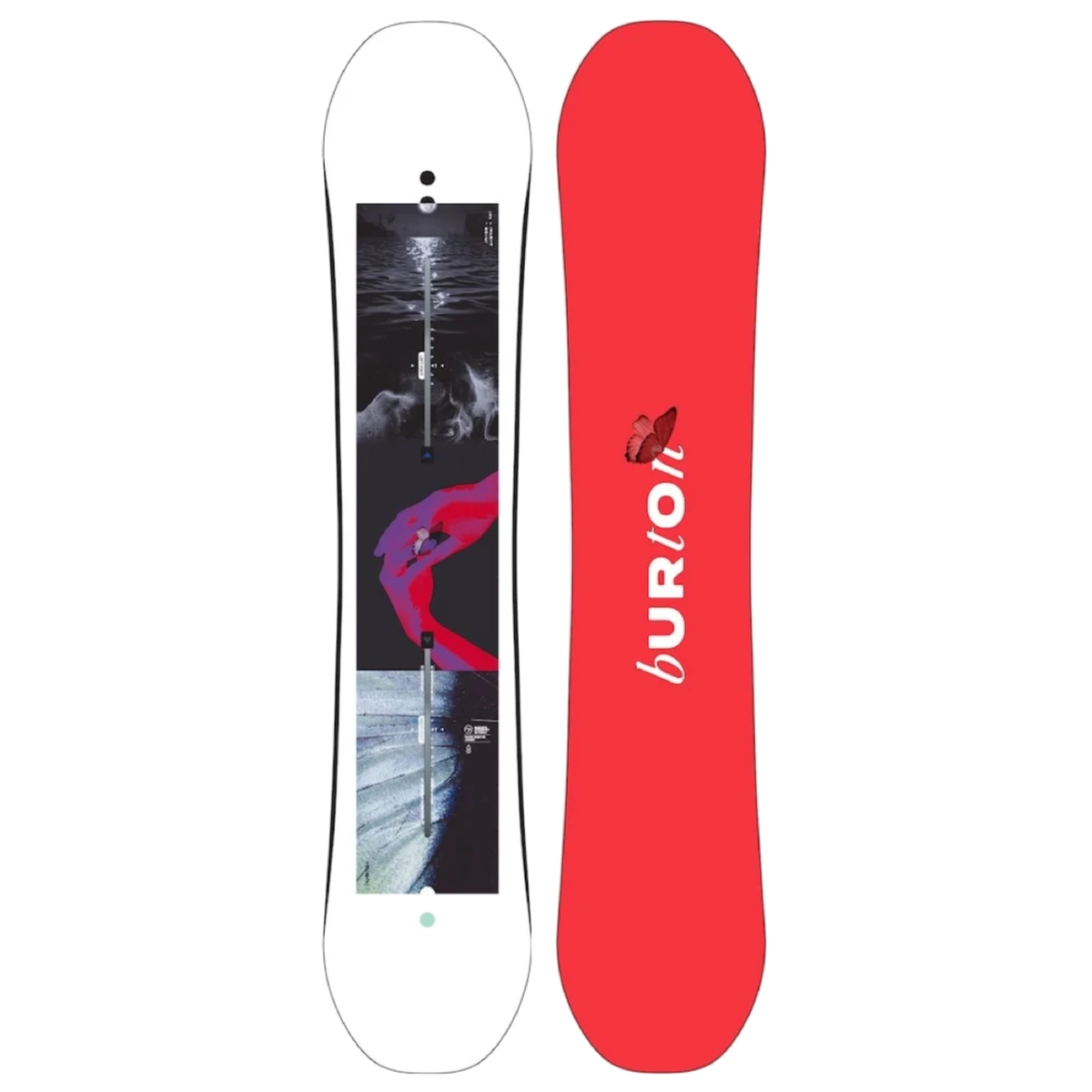 A Burton snowboard shown from both sides: a white base with a black, gray, and pink abstract graphic, and a bright red top with the Burton logo in white and a small red butterfly.
