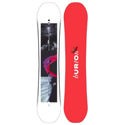 A Burton snowboard shown from both sides: a white base with a black, gray, and pink abstract graphic, and a bright red top with the Burton logo in white and a small red butterfly.