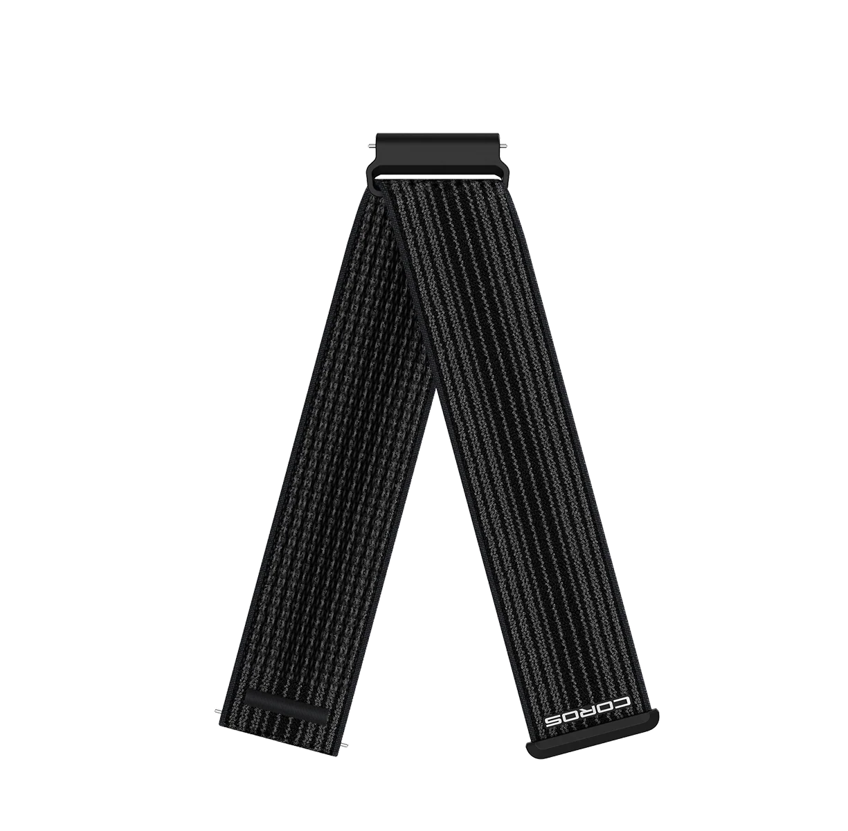 A black woven watch strap with a silver-toned metal buckle, shown in a V-shape arrangement on a plain white background. The brand name 'COROS' is printed in white near the bottom right end of the strap.