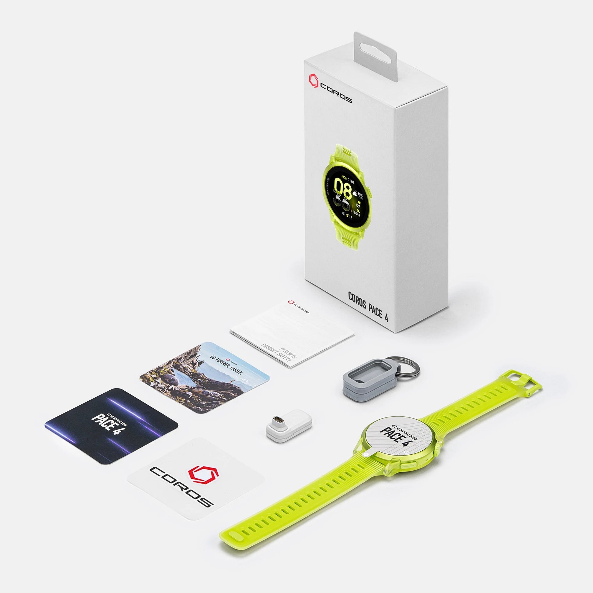 A smartwatch with a bright neon yellow-green strap and a clear round display, shown with its white retail box, cards, and small accessories on a clean light gray background. The watch face displays the brand name 'NEET'.