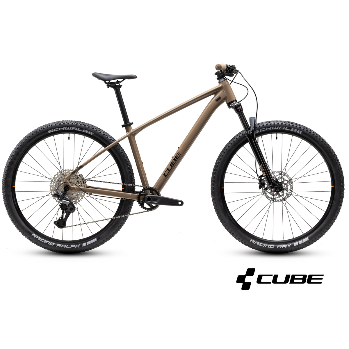 A CUBE full-suspension mountain bike in a matte taupe brown color, shown from a side profile on a white background. The bike features black tires, a black saddle, and a black front suspension fork.