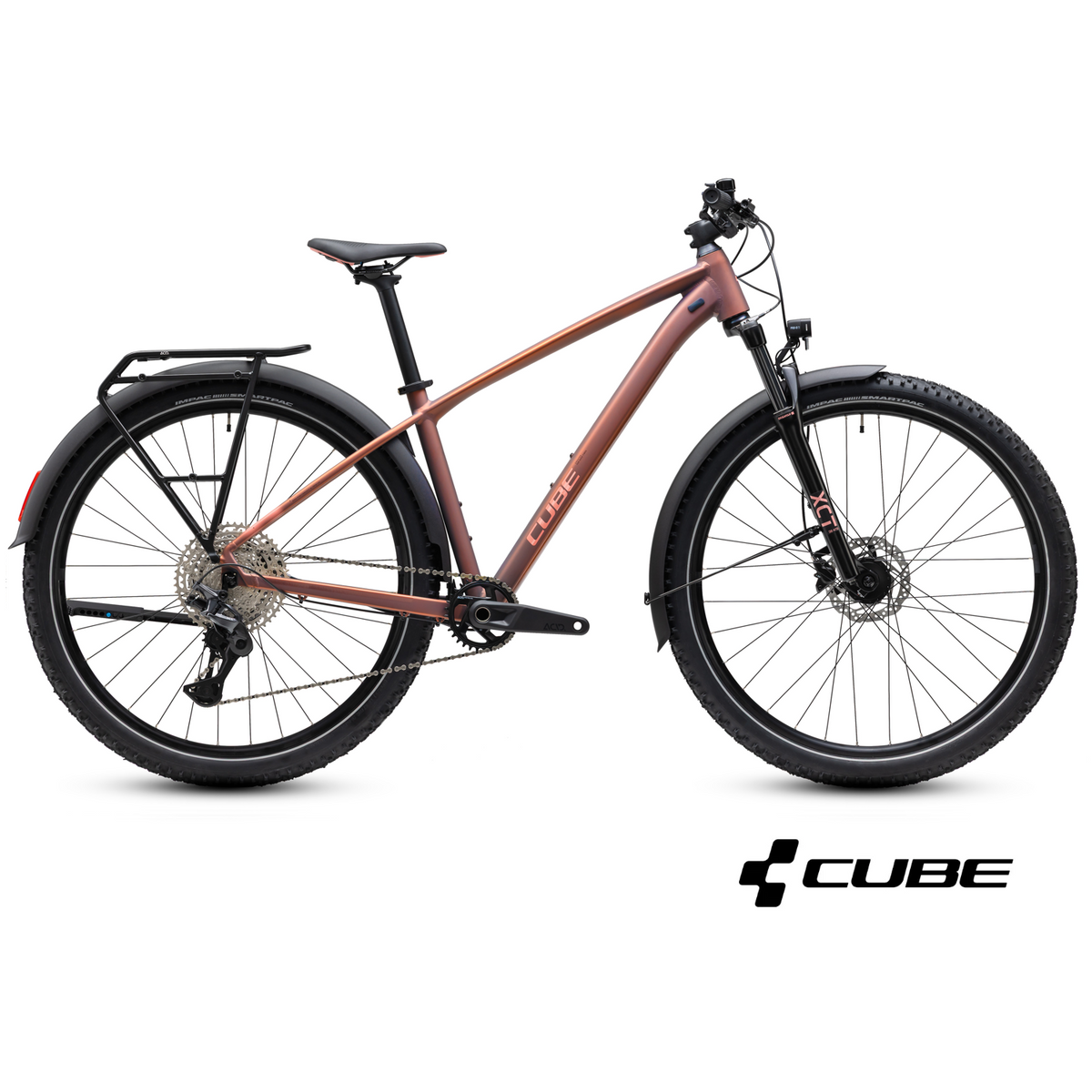 A dark gray CUBE electric bicycle shown from a side profile view against a solid white background, with the CUBE logo also displayed in the bottom right corner.