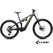 A full-suspension electric mountain bike in matte olive green and black, shown from a side profile on a white background with a CUBE logo overlay in the bottom right corner.