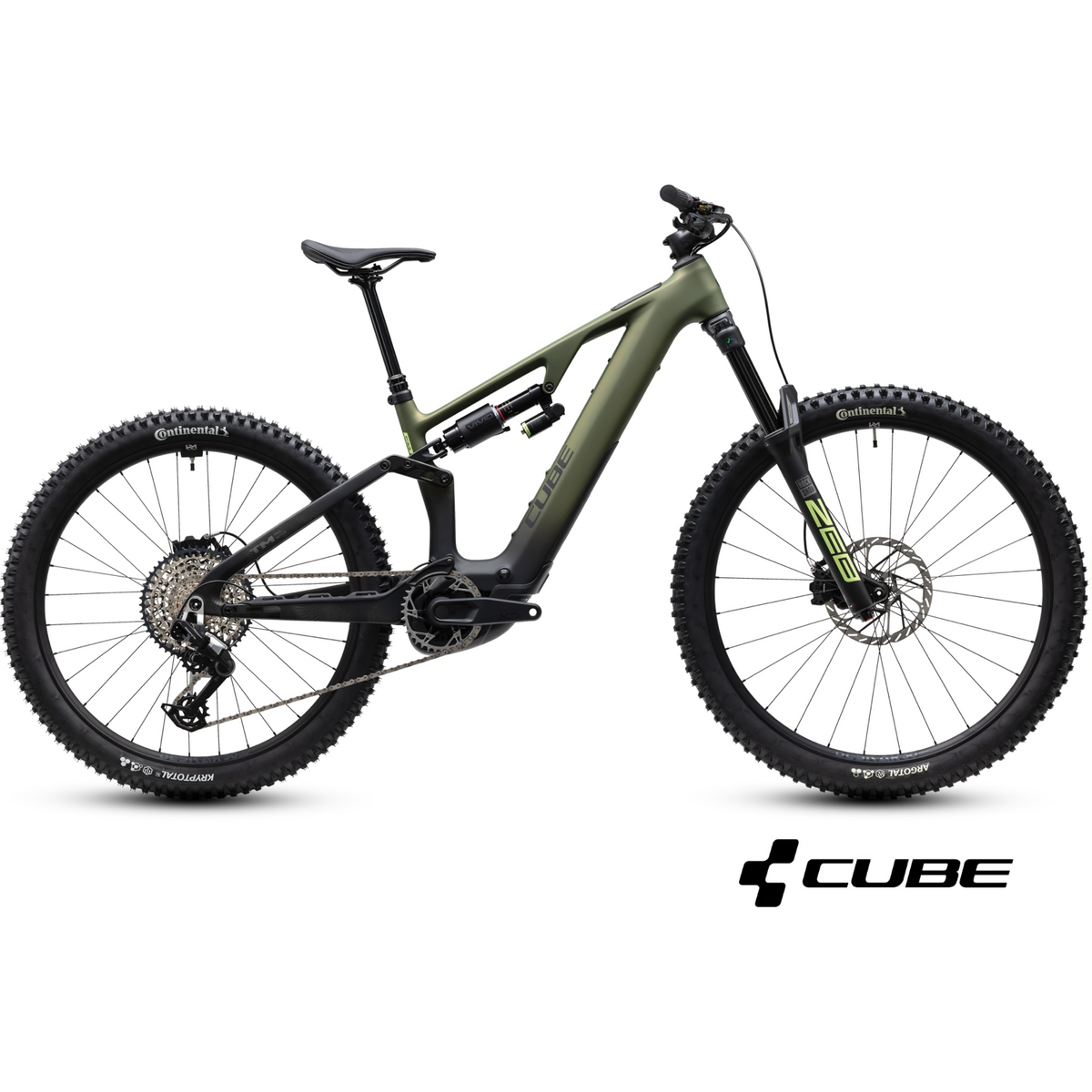 A full-suspension electric mountain bike in matte olive green and black, shown from a side profile on a white background with a CUBE logo overlay in the bottom right corner.