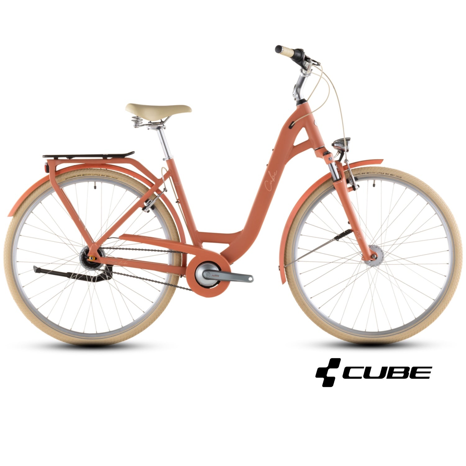 An orange step-through city bicycle with beige tires, a beige saddle, and silver components, shown from a side profile on a white background with a CUBE logo in the bottom right corner.