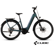 A Cube electric bicycle in a dark teal and black colorway, shown from a side profile on a clean white background with the Cube logo in the bottom right corner.