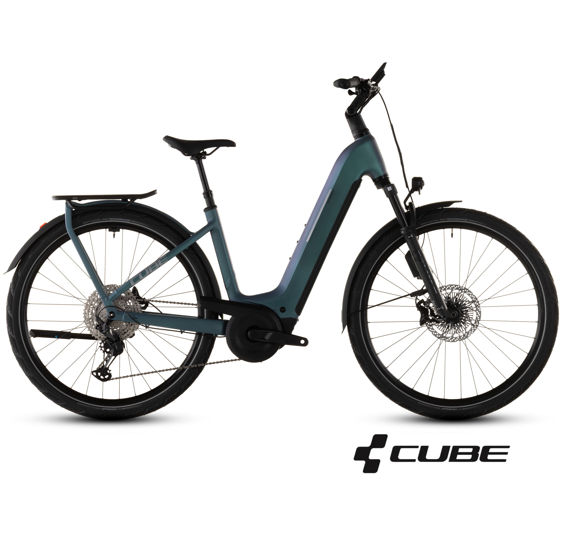 A Cube electric bicycle in a dark teal and black colorway, shown from a side profile on a clean white background with the Cube logo in the bottom right corner.