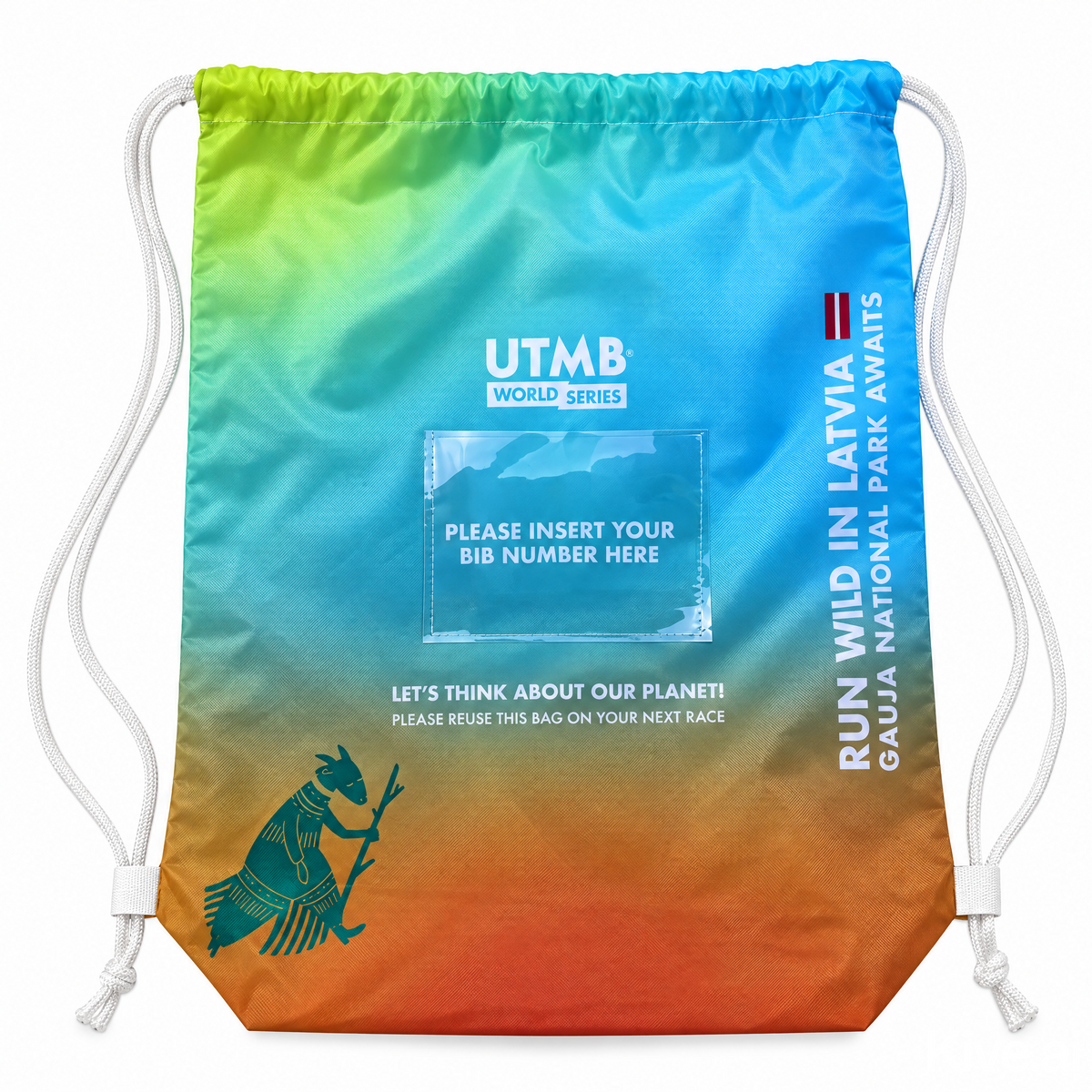 A drawstring gym bag with a vibrant rainbow gradient transitioning from blue and green at the top to yellow and orange at the bottom. It features white drawstrings, a teal running shoe graphic, and text including 'UTMB WORLD SERIES' and 'RUN WILD IN LATVIA GAUJA NATIONAL PARK AVAITS'.