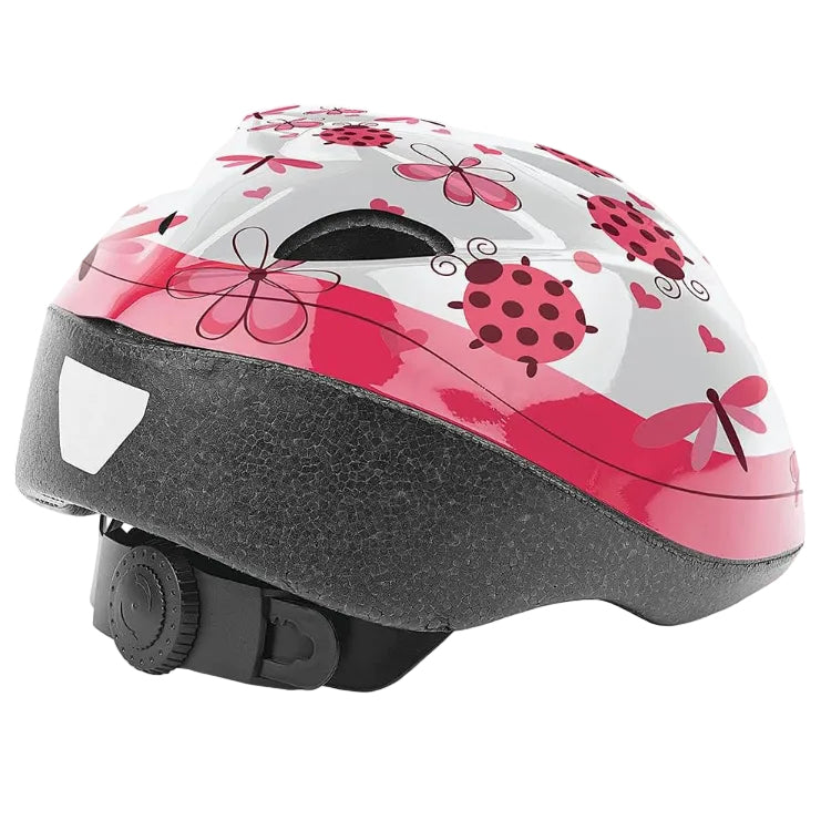 A children's bicycle helmet with a white top shell decorated with pink ladybugs, dragonflies, and hearts, a bright pink band, and a textured dark gray/black foam interior and chin strap.