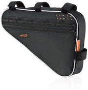Black bicycle pannier bag with multiple zippered compartments, top carry handles, and orange accents, shown on a white background.